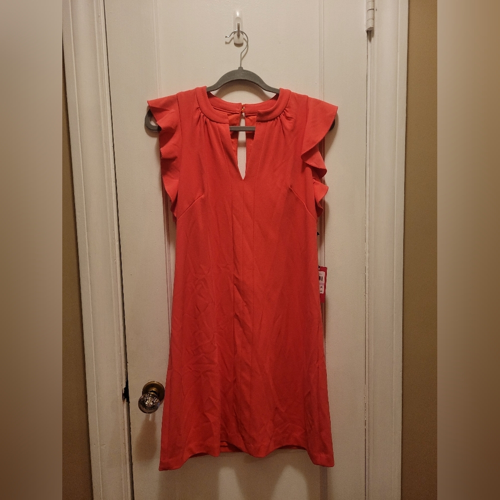 Vince Camuto Vibrant Coral Dress with Ruffle Sleeves Size 6 NWT